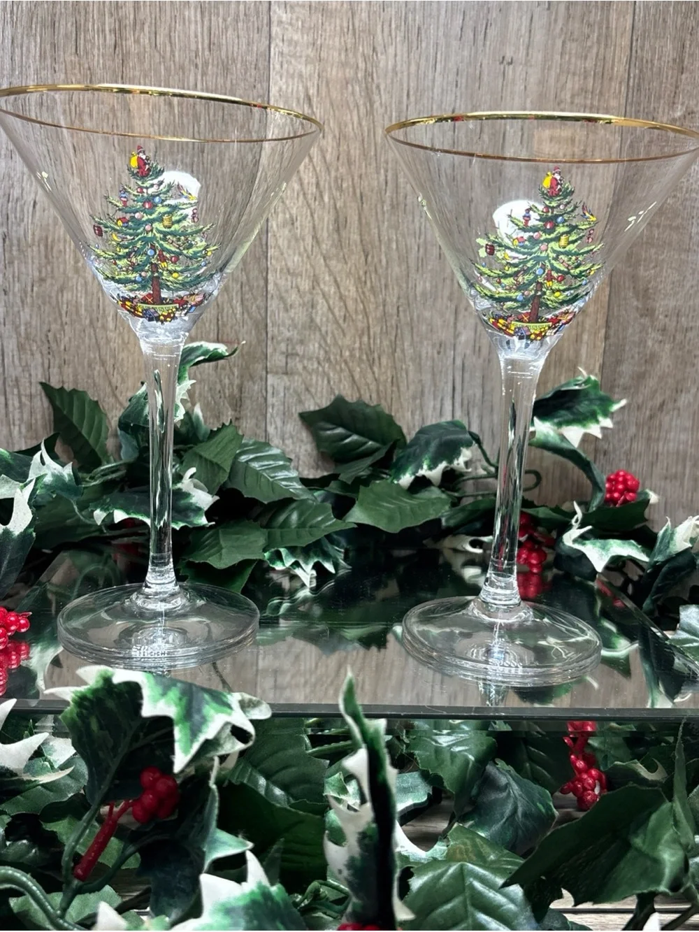 Spode Christmas Tree Martini Glass Gold Rim Single Stem Set Of 2Holidaycheer